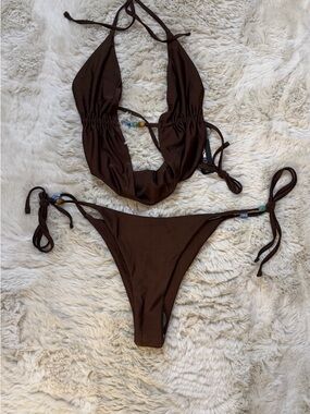 Brown Two-Piece Tie-Side tankini with Bead Accents